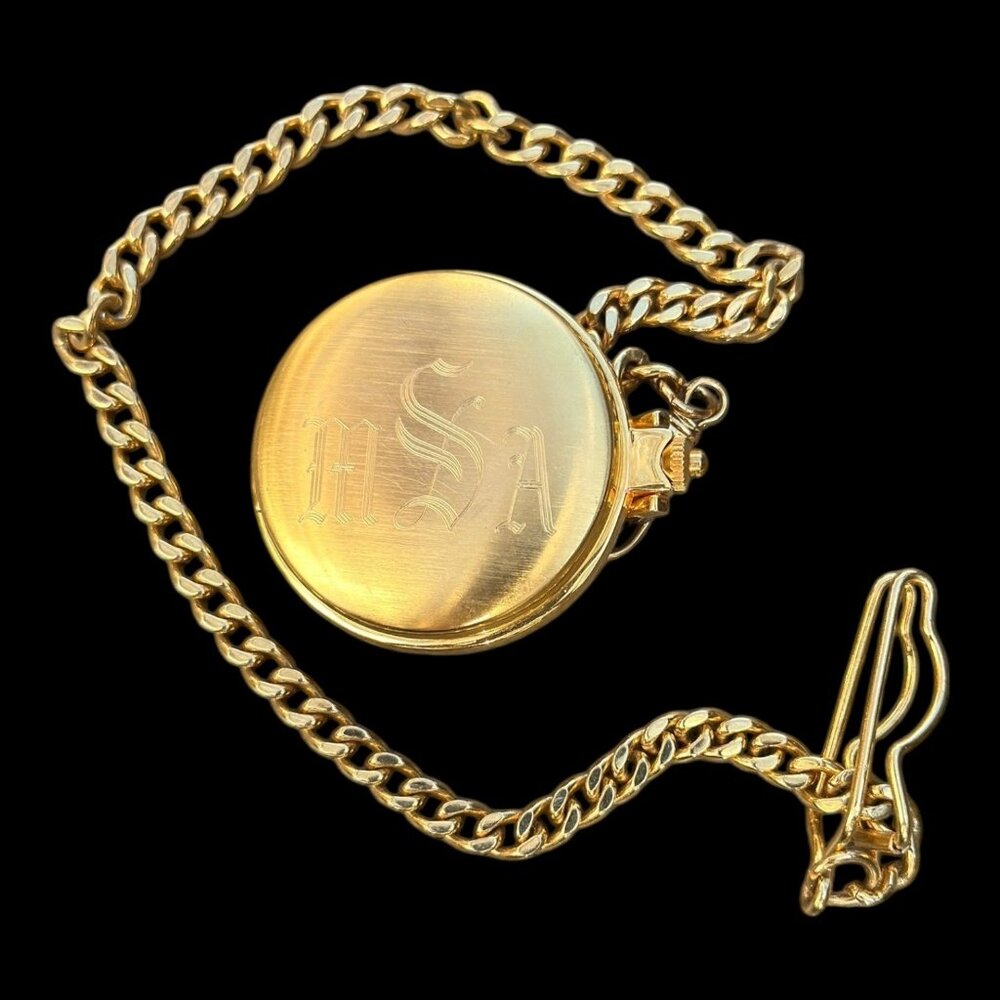 Vintage Elgin Gold-Tone Quartz Pocket Watch With Chain & Monogrammed Cover - Picture 2 of 9